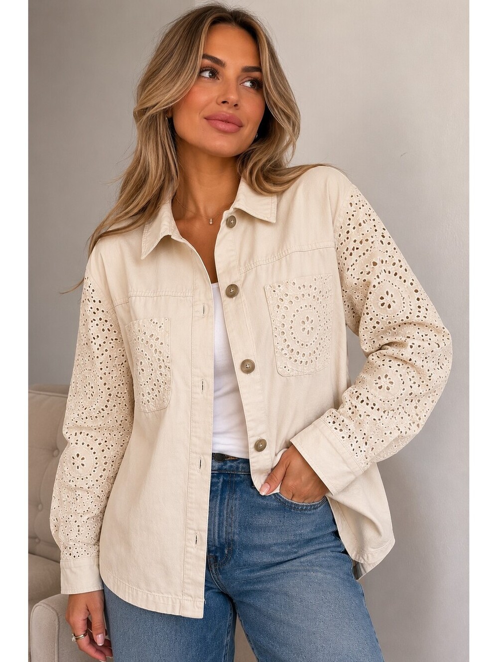 Maurices Eyelet Embroidered Shirt Jacket Cream XXL NWT